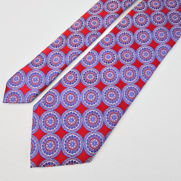 ERMENEGILDO  ZEGNA Textured Medallion Silk Tie (Red -Blue -White) Made In Italy - Picture 2 of 9